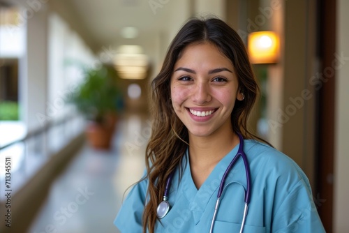 Portrait of young nurse in scrubs at nursing home
