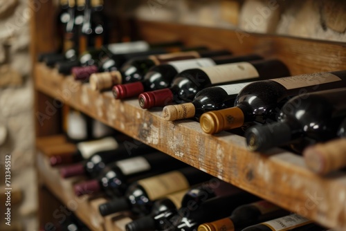 Wine collection on wooden rack