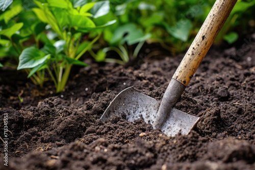 Shovel in dirt preparing soil for garden plants
