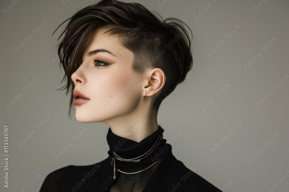Profile of young woman with modern short hairstyle and subtle makeup