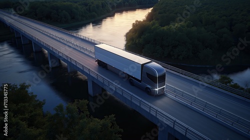 Autonomous truck with trailer driving on bridge