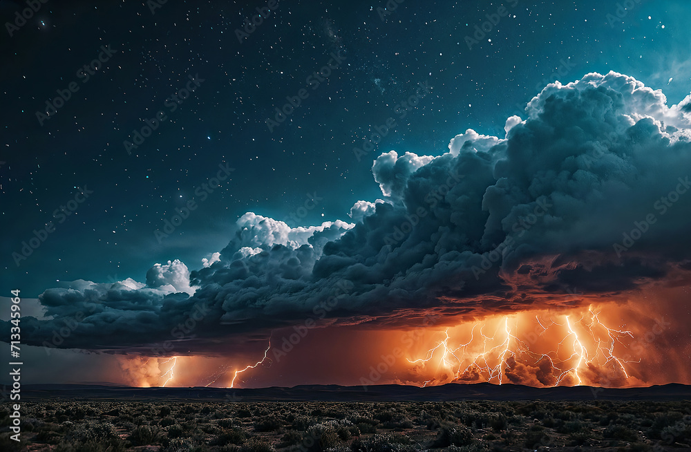 thunderhead with lightning bolts strikes out over a desert landscape ...