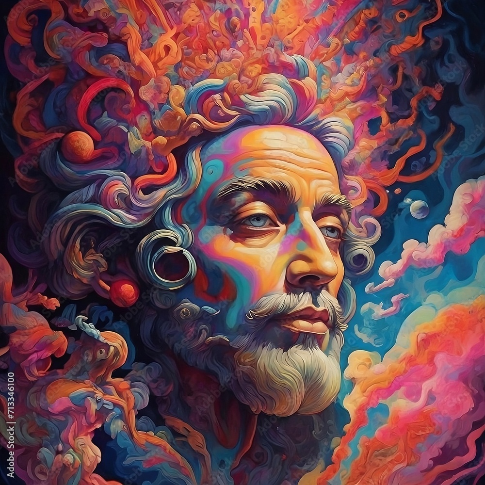 Psychedelic art of a god, in a colorful background. Human portrait AI generated art.  