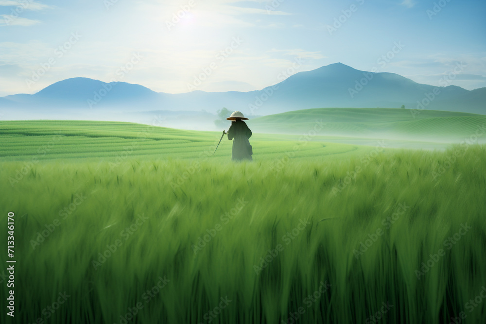 A farmer in a large rice field