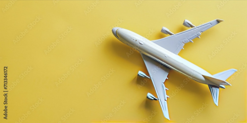 Model of a passenger plane on a yellow background. 3d rendering, travel transport concept - obrazy, fototapety, plakaty 