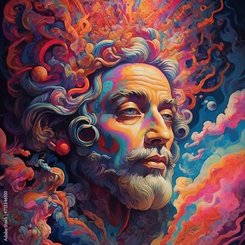 Psychedelic art of a god  in a colorful background. Human portrait AI generated art.  