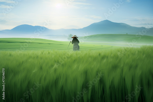A farmer in a large rice field © amirhamzaaa