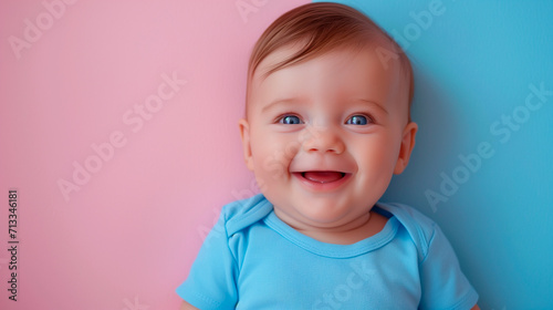 The little adorable baby looks at the camera and laughs.