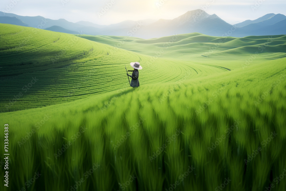 A farmer in the large rice field A farmer in the large rice field