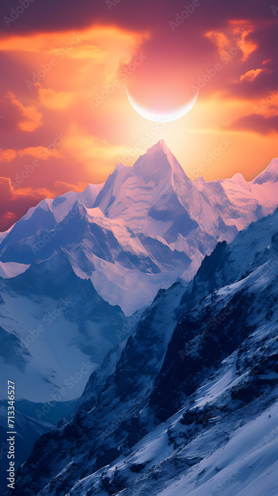 Sphoto beautiful scenery of high rocky mountains covered with snow under the breathtaking sky, suns from the sunset, Minimalist style Ai Generated