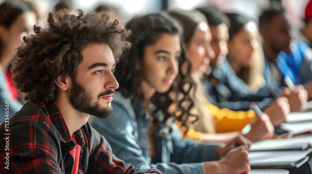 Group of People Sitting at Desks in a Classroom for Diverse University Generative AI Group of People Sitting at Desks in a Classroom for Diverse University Generative AI