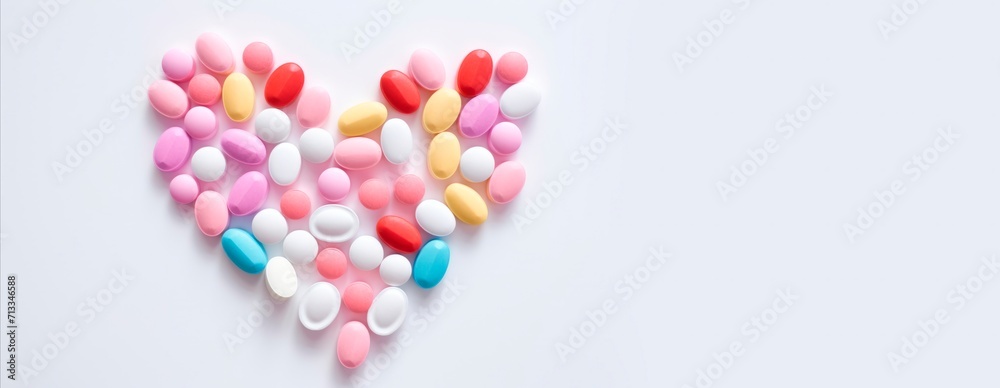 heart shaped close up Top view of different coloured pills and capsules a isolated on light background  horizontal background, copy space. Minimal medical concept. Pharmaceutical,Drugs and medicines