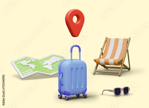Creative advertising for tourism business. Suitcase with wheels, geo pin, world map, folding chair, sunglasses. Concept of summer vacation. Comfortable trip