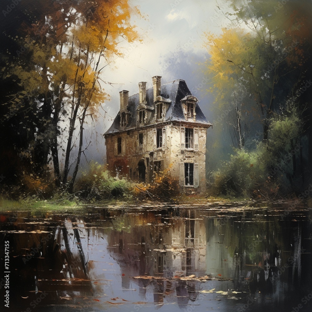 Fototapeta premium Generative AI Painting with picture trees country pictures