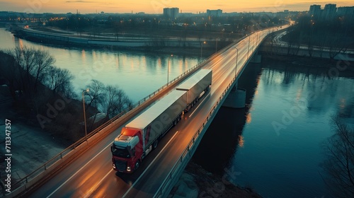 Autonomous truck with trailer driving on bridge
