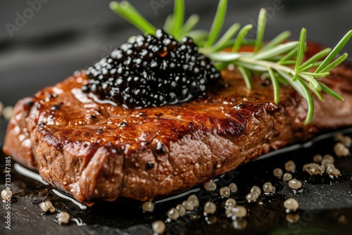 Close up steak with caviar