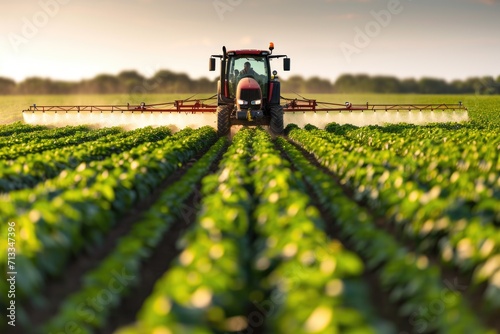 Tractor spraying pesticides on farm field
