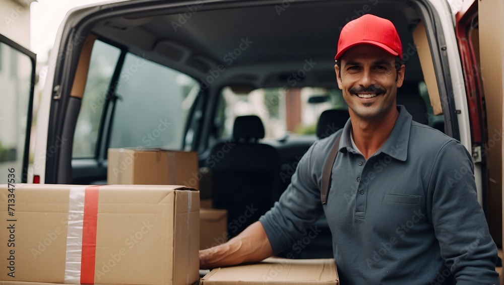 Delivery courier service. Delivery man in red cap and uniform holding a cardboard box near a van truck delivering to customer home. Smiling man postal delivery man delivering a package. Delivery courier service. Delivery man in red cap and uniform holding a cardboard box near a van truck delivering to customer home. Smiling man postal delivery man delivering a package.