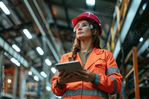 Professional Heavy Industry Engineer/Worker Wearing Safety Uniform and Hard Hat Uses Tablet Computer. Serious Successful Female Industrial Specialist Walking in a Metal Manufacture