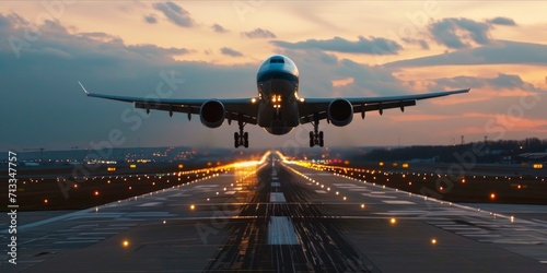 Commercial airliner passenger plane fly down over landing at sunset, travel transport concept