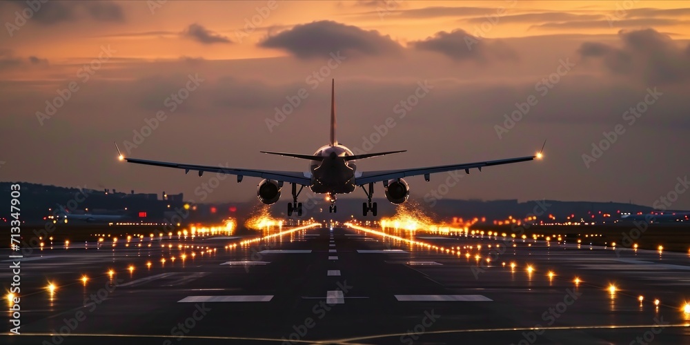Commercial airliner passenger plane fly down over landing at sunset, travel transport concept Commercial airliner passenger plane fly down over landing at sunset, travel transport concept