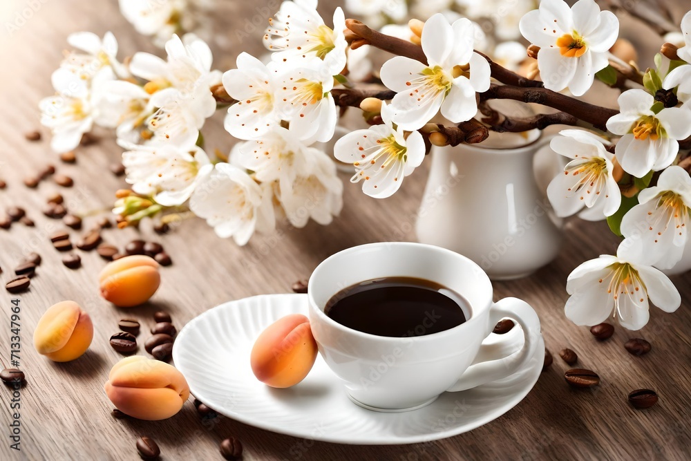 Apricot flowers and coffee cup with easters