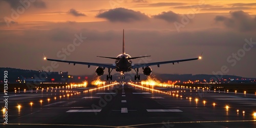 Commercial airliner passenger plane fly down over landing at sunset, travel transport concept