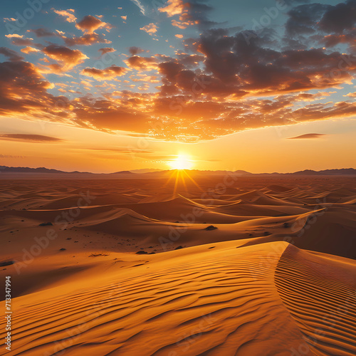 Golden sunset over an endless landscape of sand dunes, with long shadows