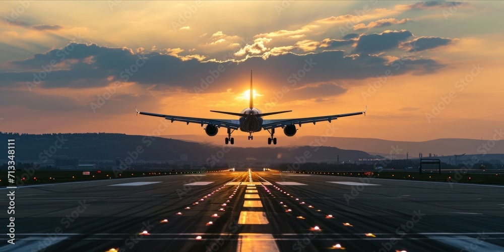Commercial airliner passenger plane fly down over landing at sunset, travel transport concept - obrazy, fototapety, plakaty 