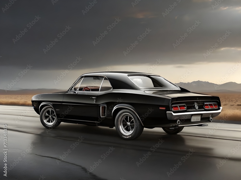 Classic car, black muscle car on the road. Generative AI