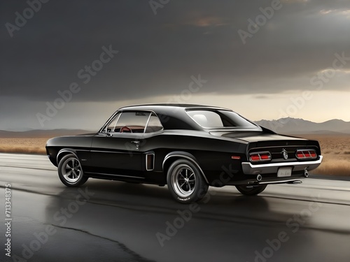 Classic car, black muscle car on the road. Generative AI © Carlos