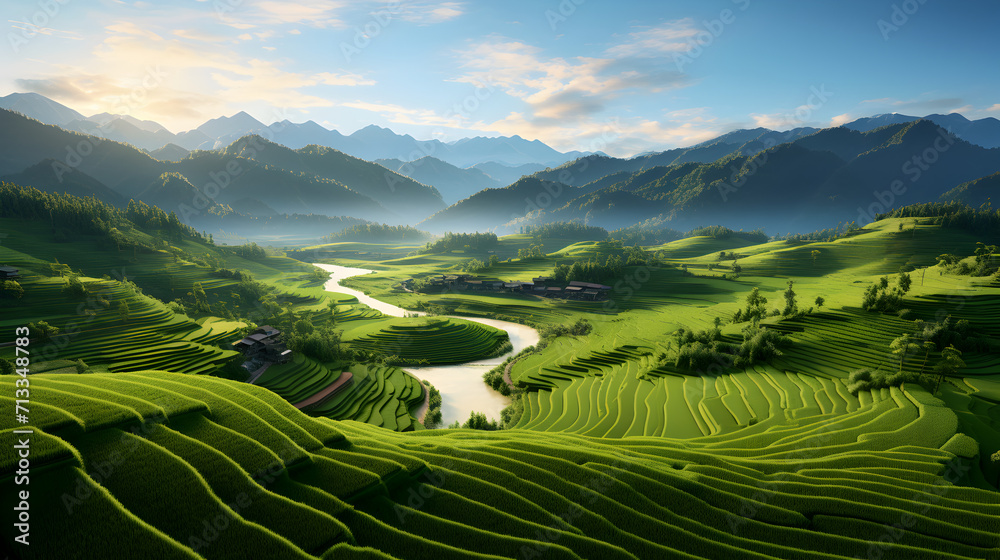Landscape rice terraced field in harvest season,,
Field rice with paddy plant, clean sky wallpaper background