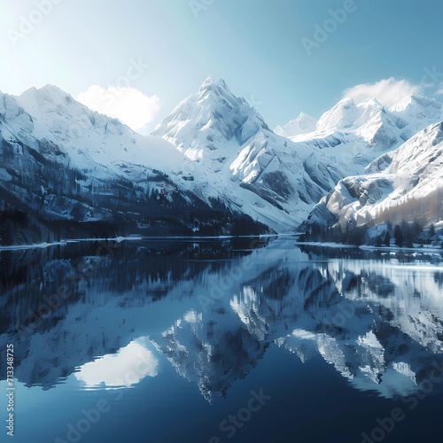 Majestic snow-covered mountains under a clear sky, reflecting their grandeur in a serene foreground lake