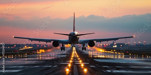 Airplane taking off from the airport runway at the sunset.