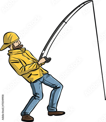 Cartoon Fisherman with a Bent Fishing Rod