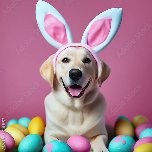 Easter dog with bunny ears and Easter eggs on a pink background.