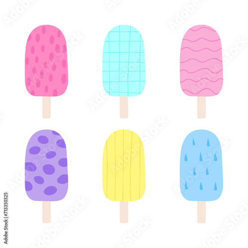 Set of tasty ice creams. Sweet summer delicacy sundaes,gelatos with different tasties,collection isolated ice-cream cones and popsicle with different topping.Vector illustration for web,design, print.