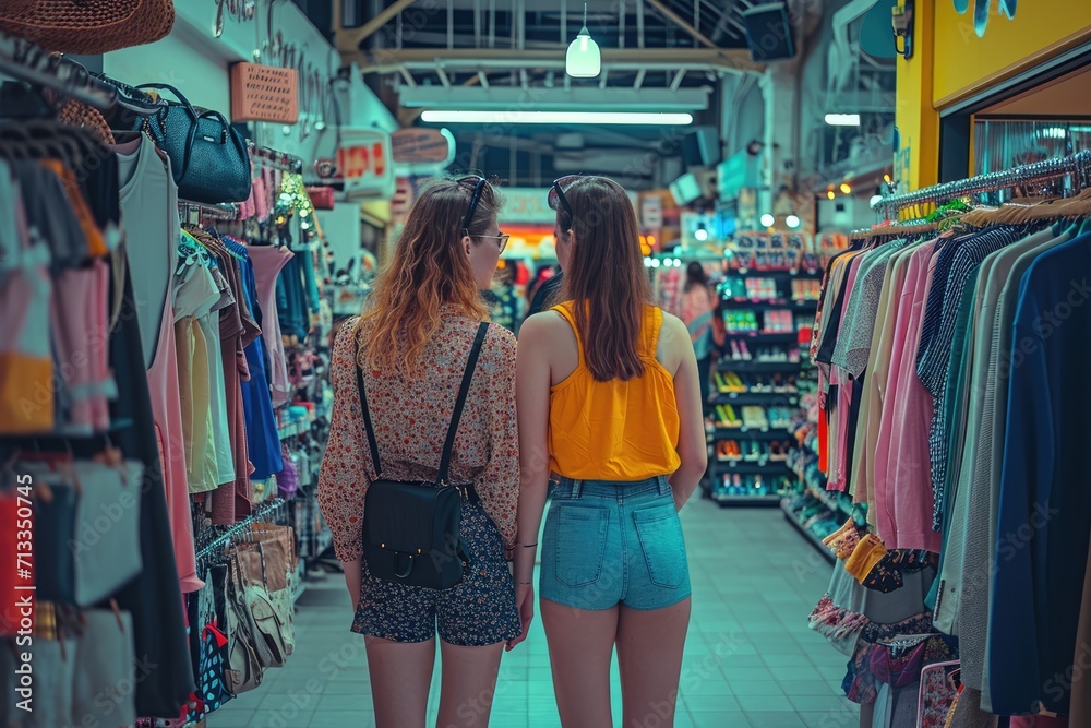 Obraz premium Two friends enjoy a fun shopping trip together, sharing opinions on trendy clothes in a cozy boutique. Ai generated