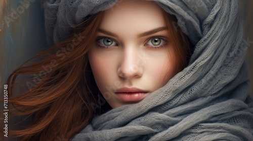 Portrait of a young girl with beautiful eyes wrapped in a warm blanket