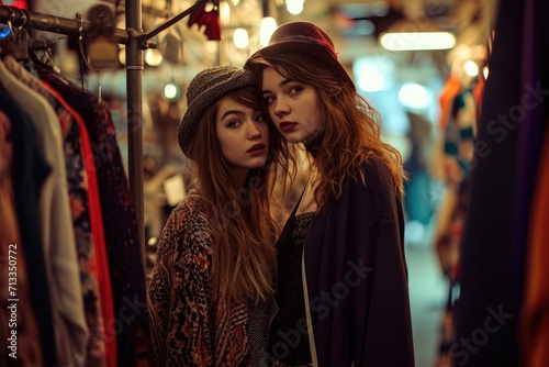 Two friends enjoy a fun shopping trip together, sharing opinions on trendy clothes in a cozy boutique. Ai generated