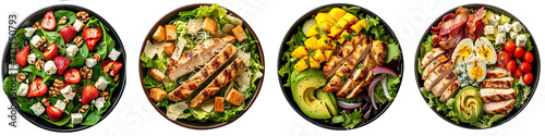 Salad plates with green leaves mix and vegetables with avocado or eggs, chicken and fruits on transparent background. Generative AI