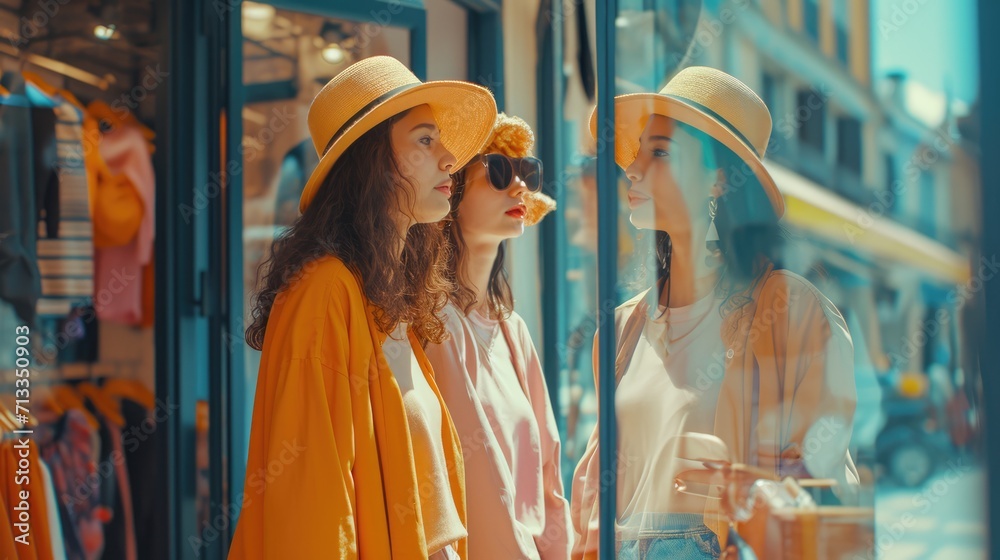 Obraz premium Two friends enjoy a fun shopping trip together, sharing opinions on trendy clothes in a cozy boutique. Ai generated