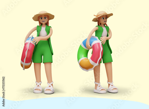 Female character is holding inflatable circle. Tourist girl on beach. Tourist entertainment, concept of safe swimming in sea, ocean. Vector isolated 3D object
