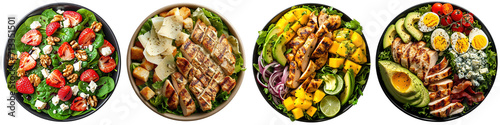 Salad plates with green leaves mix and vegetables with avocado or eggs, chicken and fruits on transparent background. Generative AI