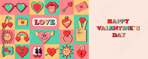 Happy Valentine's Day in retro groovy style. Rectangular template for banner, card, postcard, poster, background. Template about love and romance. Colorful holiday vector illustration.