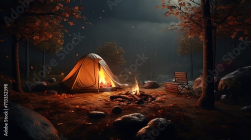 a tent and tents are set up at an outdoor campsite around the campfire photo