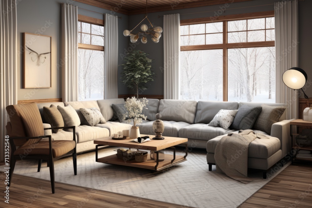 Fototapeta premium Cozy living room featuring a sectional sofa, coffee table, and accent chairs with a contemporary touch