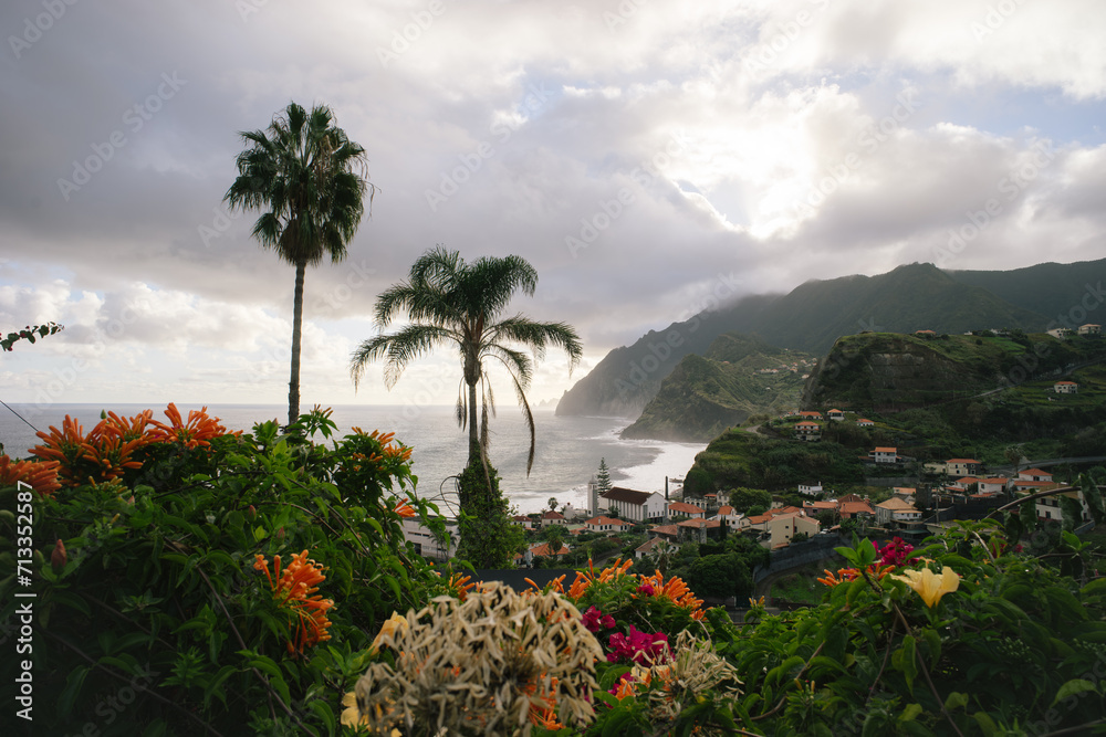Madeira coast with black beach and greenery