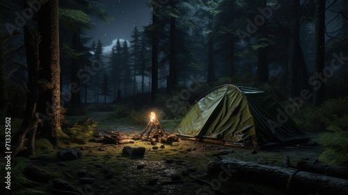 camping, solitary tent in the forest at nightstock