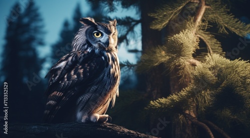 an owl sits on the branch of some pines